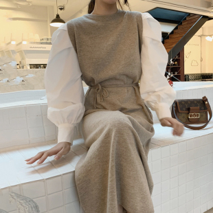 韩国chic法式 撞色拼接系带收腰假两件针织连衣裙女 圆领压褶泡泡袖