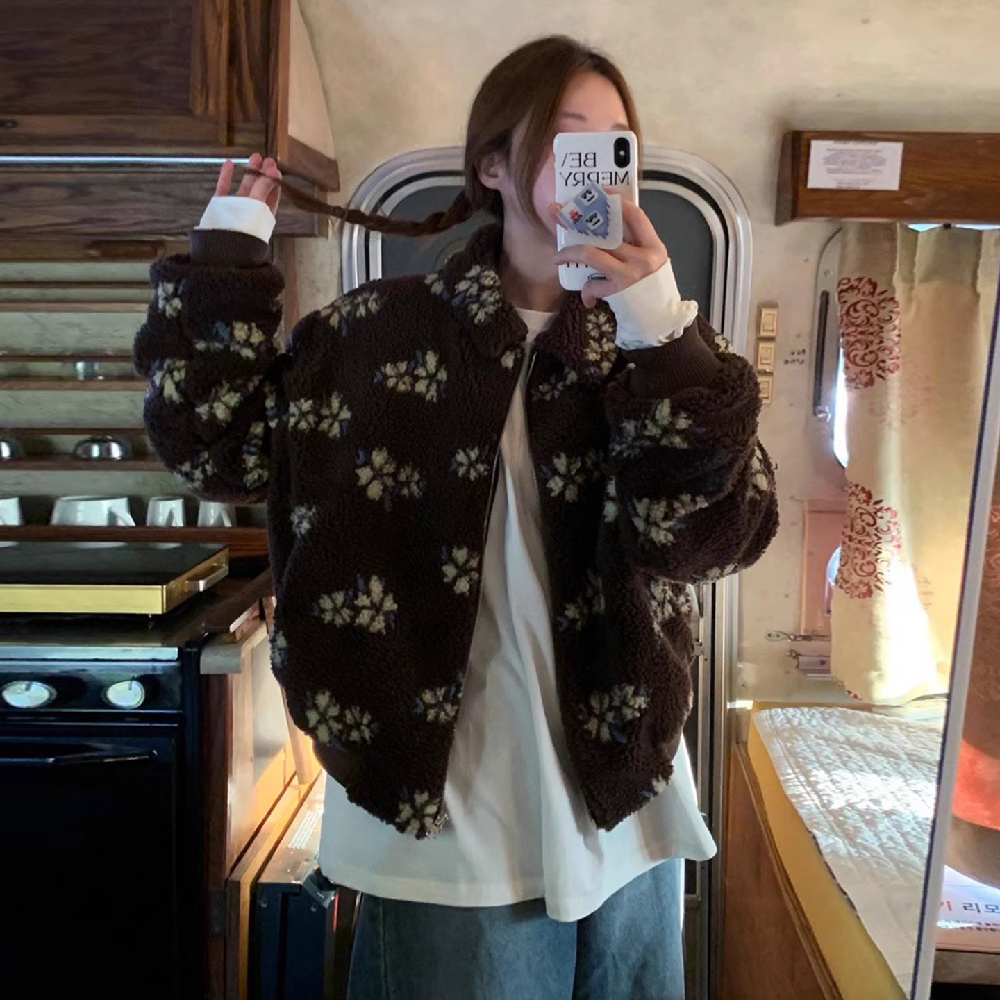 复古减龄花朵提花百搭羊羔毛外套