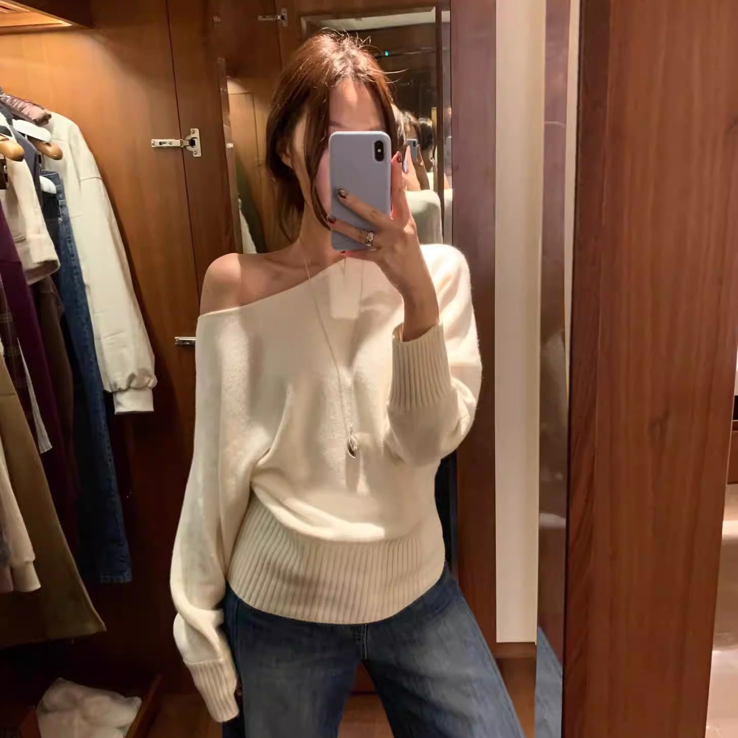 气质百搭一字领斜肩毛衣女