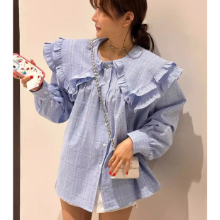 宽松百搭打底衫 女早春新款 衬衣 衬衫 甜美减龄格纹娃娃领木耳边长袖