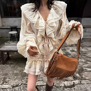 良良家 法式重工刺绣钩花连衣裙女春季新款洋气长袖荷叶边短裙