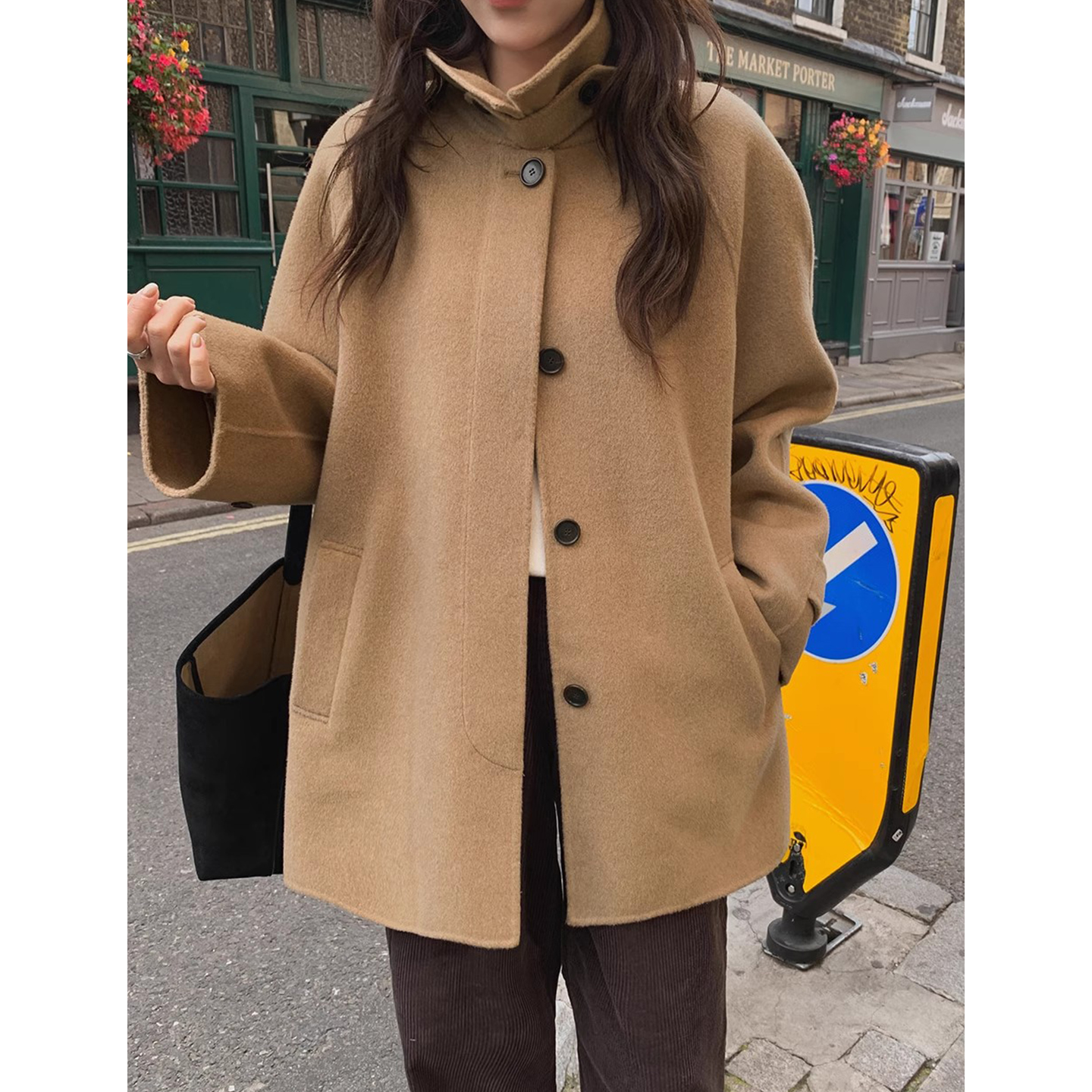 复古气质立领单排扣呢子外套大衣