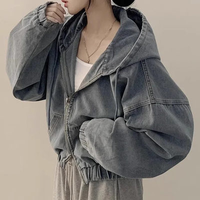 宽松休闲长袖连帽短款牛仔外套