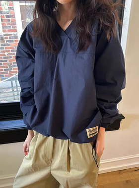 韩国chic秋季新款美式复古风V领字母贴布宽松抽绳下摆长袖卫衣女