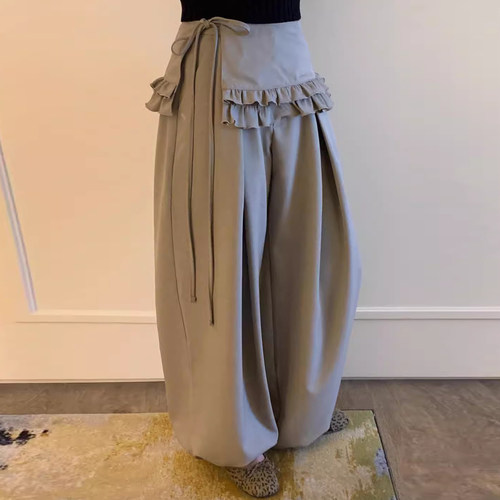 高腰束腿长裤女+木耳边系带屁帘