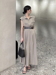 韩国chic夏季新款复古气质短款工装马甲外套+高腰A字半身裙两件套