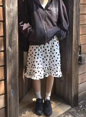 波点提花木耳荷叶边系带半身裙女