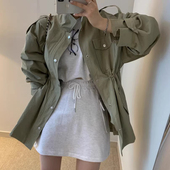 韩国chic秋季 复古气质翻领拉链式 暗扣抽褶收腰显瘦百搭风衣外套女