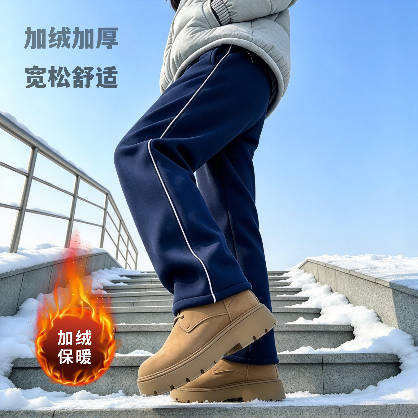 春秋冬季厚款校裤校服裤子加绒藏青蓝色一两杠小初高中学生保暖
