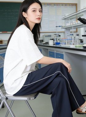 春秋校服裤子藏青蓝色一杠夏季薄款速干小初高中学生冰丝反光条