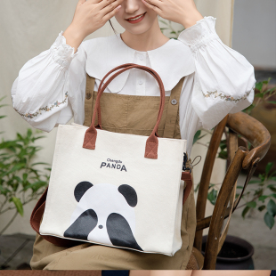 大容量百搭托特包包女士休闲新款 卡通帆布包熊猫印花单肩手提包