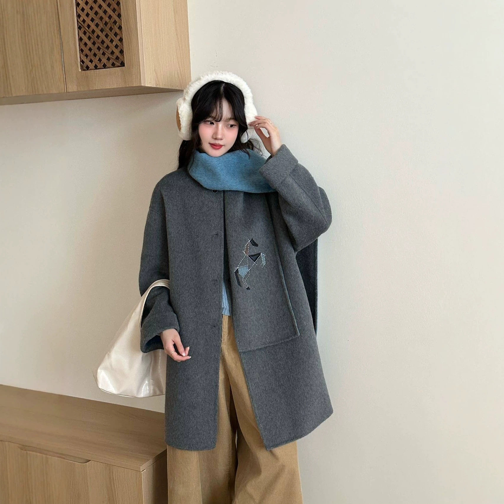 斯卡露2026秋冬新款圆领双面羊毛大衣女中长款小个子韩版宽松外套