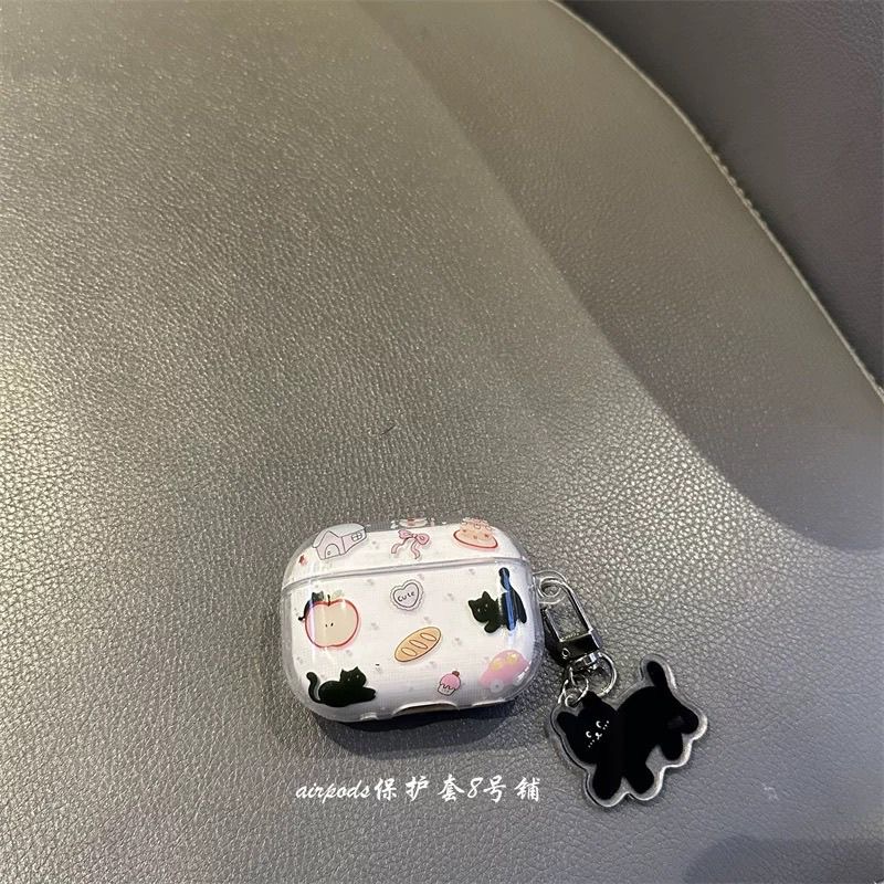 日韩ins可爱苹果黑色小猫适用于airpods pro4代耳机壳1代2代3代