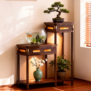 中式花架实木鱼缸架客厅落地式盆景架茶室摆件展示架宋代美学花台