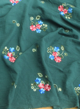 古典绿色底肌理水洗棉绣花纯棉布料 汉服装襦裙长袍裤子上衣面料