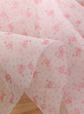 田园风粉紫色挺阔透视印花欧根纱布料 罩衫上衣裙子童装娃衣面料