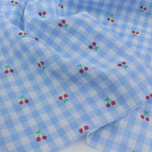 浅蓝粉红绿色薄款樱桃格子布料 上衣服装连衣裙童装短裤罩衫面料