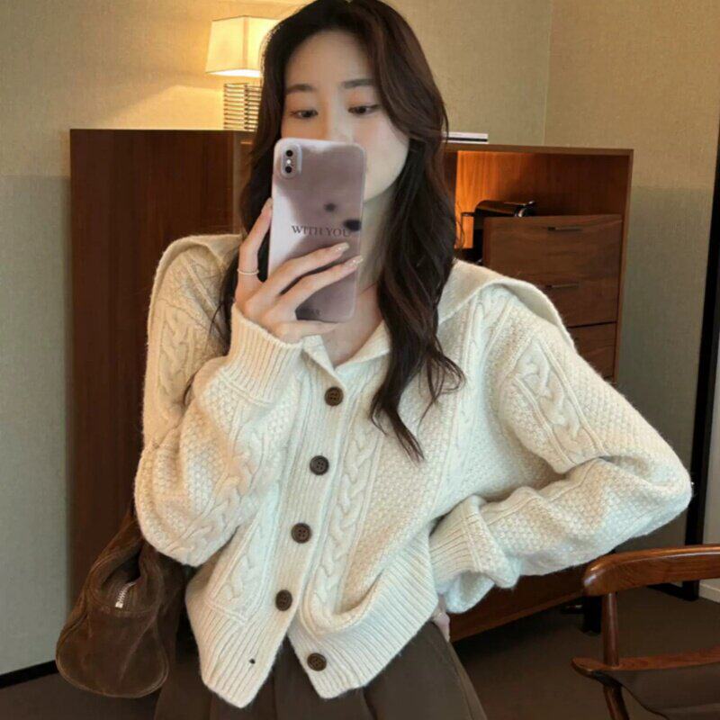 海军领扭花100%羊毛开衫女加厚