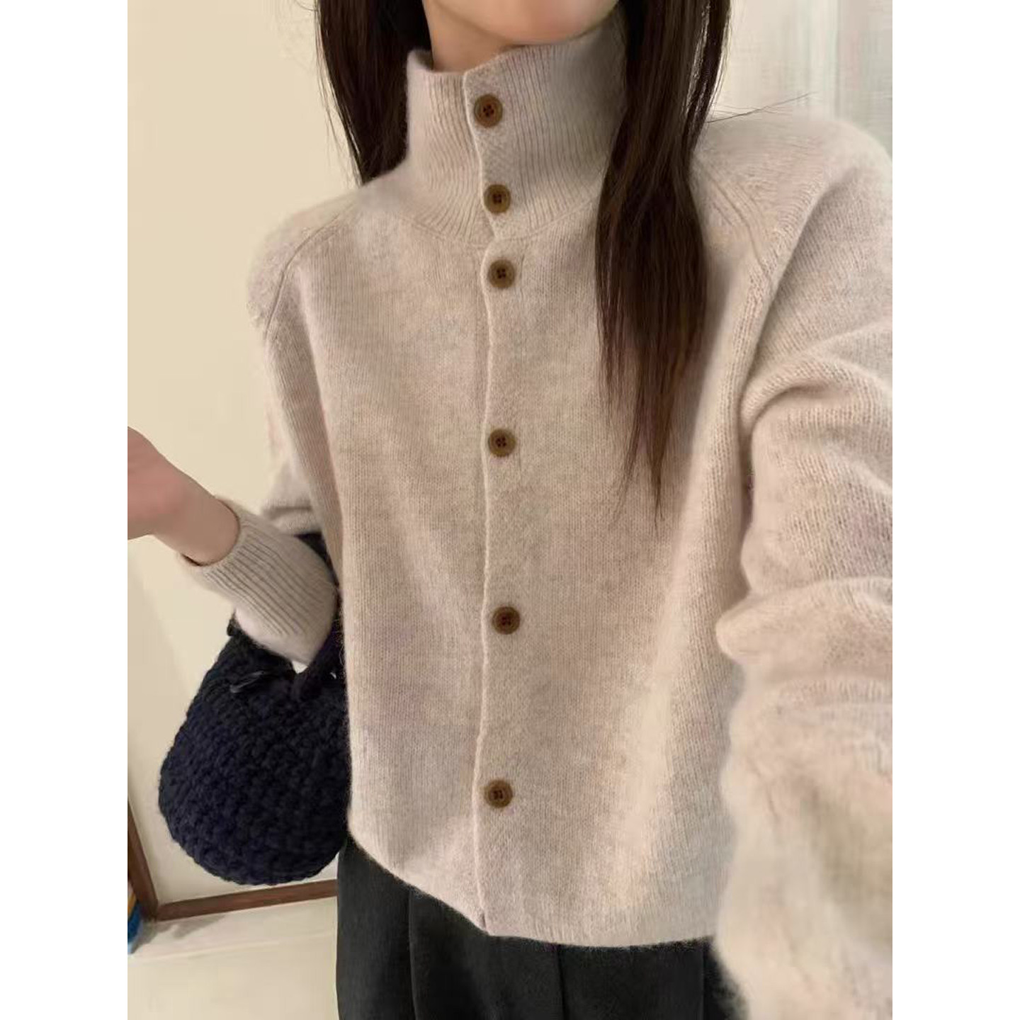 秋冬纯羊毛高领加厚女开衫