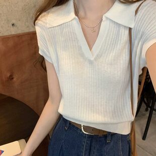 老钱风polo领天丝短袖女夏季宽松简约翻领t恤针织衫显瘦百搭短款