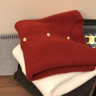 2024新款羊绒针织开衫女春秋上衣高级感小香风红色毛衣外套打底衫