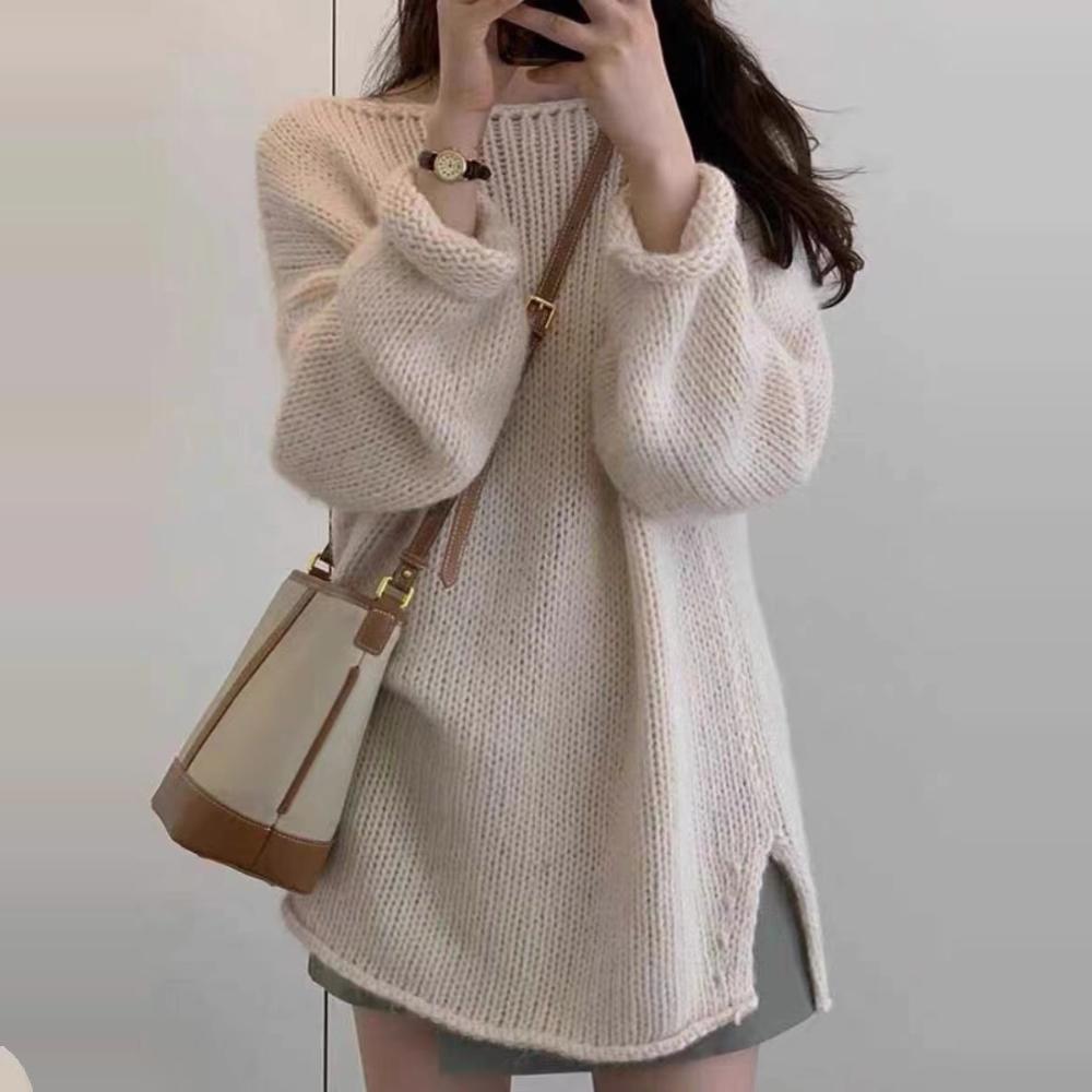 羊绒衫女宽松中长款落肩粗针毛衣
