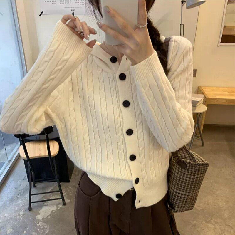 秋冬连帽纯羊毛麻花加厚开衫女
