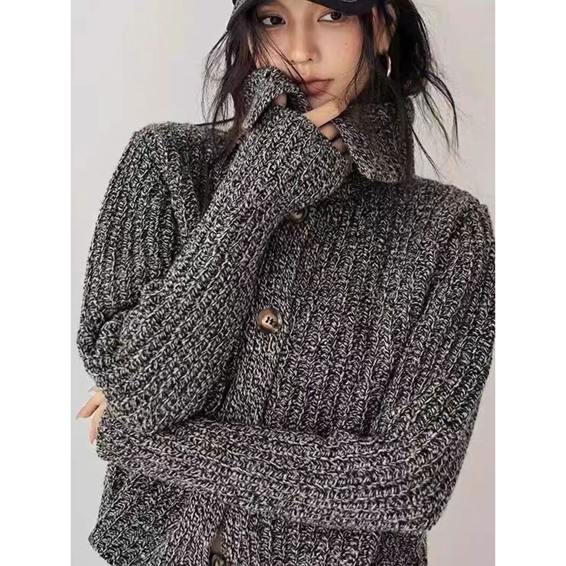 秋冬翻领羊绒开衫女欧货高领