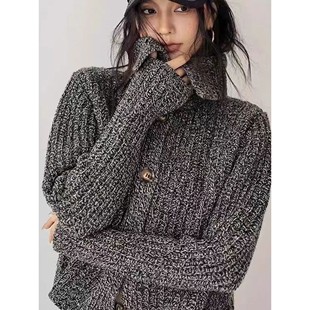 秋冬翻领羊绒开衫女欧货高领粗毛线高级感软糯羊毛针织毛衣外套厚