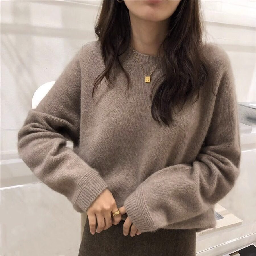 2024秋冬新款纯羊毛衫女套头圆领宽松慵懒风羊绒打底针织毛衣韩版