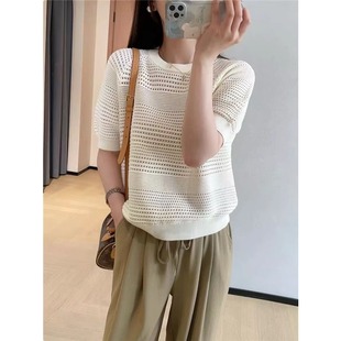 女百搭宽松显瘦圆领棉麻T恤上衣 夏季 立体镂空薄款 纯棉短袖 针织衫