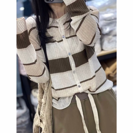 春秋小香风撞色条纹薄款羊绒针织开衫女宽松短款毛衣外套羊毛外搭