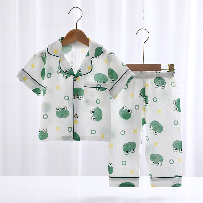 儿童睡衣纯棉短袖纱布男童空调服开衫宝宝家居服男孩半袖长裤套装