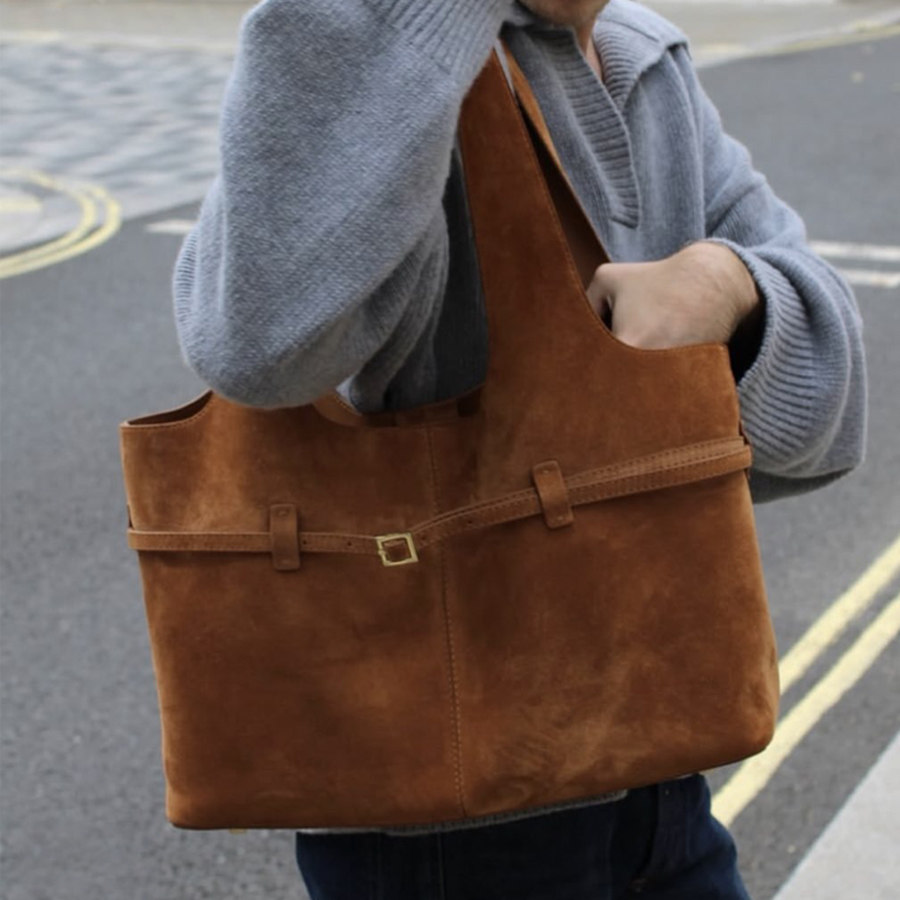 皮带扣仿鹿绒皮大容量托特包2025新款欧美复古通勤手提单肩腋下包