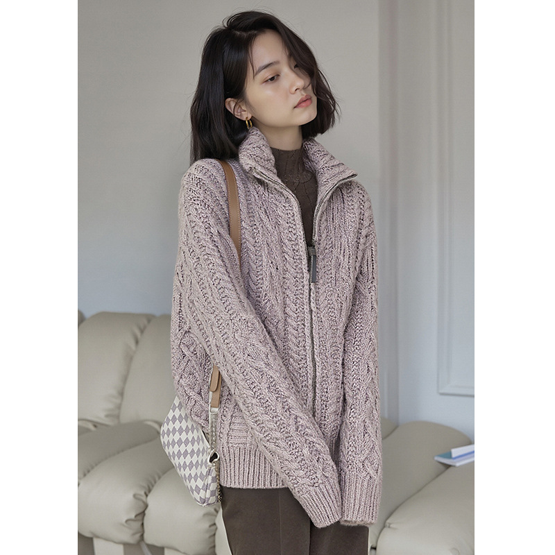 【BC定单】翻领长袖双拉链针织衫女2025秋冬新款羊毛羊绒混彷上衣