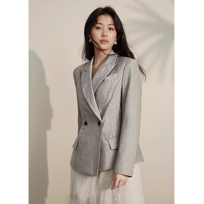 【BC定单】韩版麻灰色长袖西服外套女2025秋冬新款小个子亚麻西装
