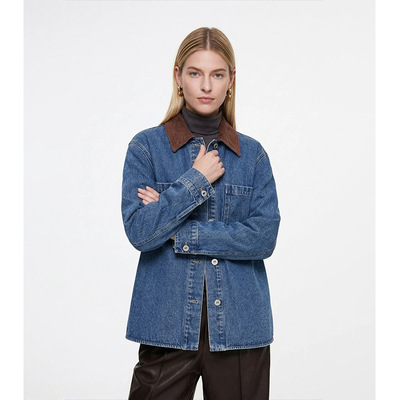 【LR定单】复古polo拼接翻领牛仔外套女春港风时髦设计感休闲衬衣