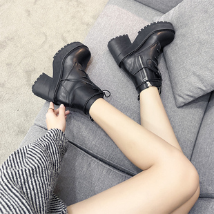 ann马丁靴女潮ins甜酷百搭系带高跟厚底单靴黑色机车靴小个子短靴