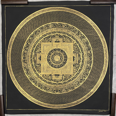 纯手工绘制经文坛城，画心100×100cm，保证纯手工