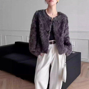 今年流行特惠【佩里月光】皮毛一体仿水貂毛皮草外套圆领小个子