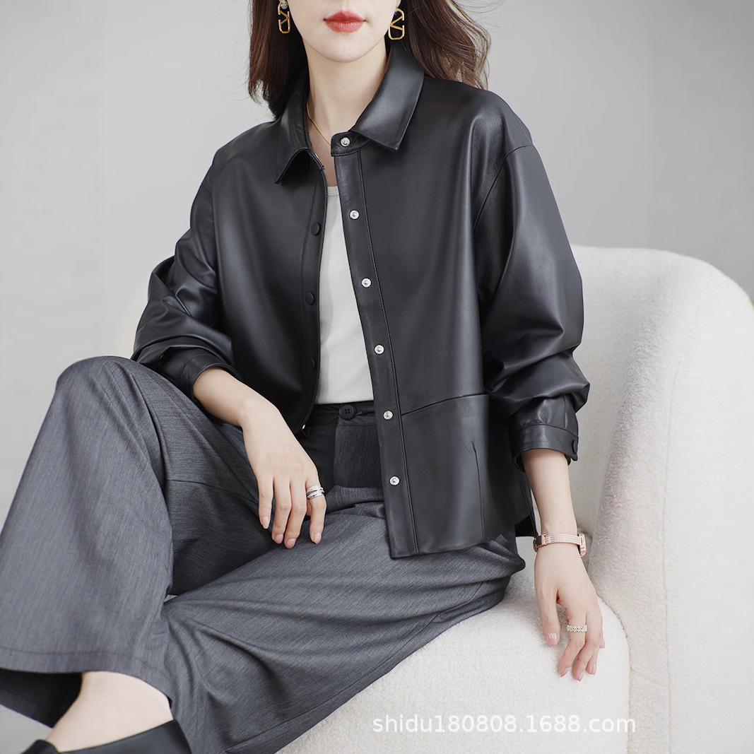 今年流行特惠真皮绵羊皮皮衣女衬衫领短款休闲简约夹克外套海宁