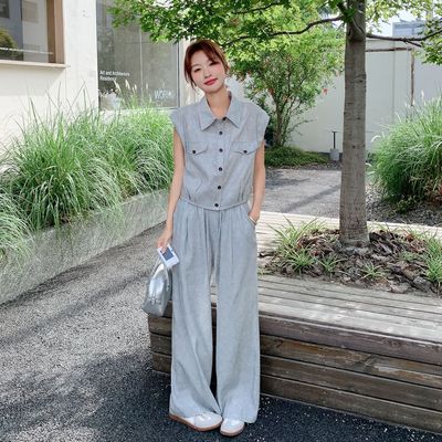 今年流行特惠气质穿搭蓝灰色无袖衬衫套装女夏季新款休闲显瘦