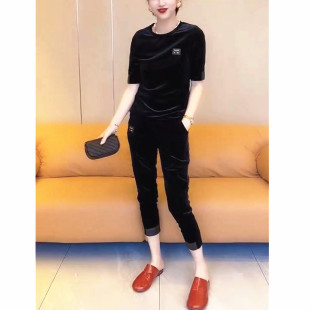 今年流行特惠23029大爱美依缘2025新款休闲时尚丝绒套装圆领短袖