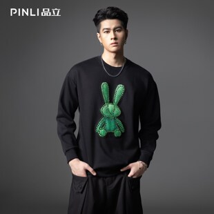 PINLI品立秋季新款发泡烫画男士卫衣手工钉钻珠套头潮牌上衣