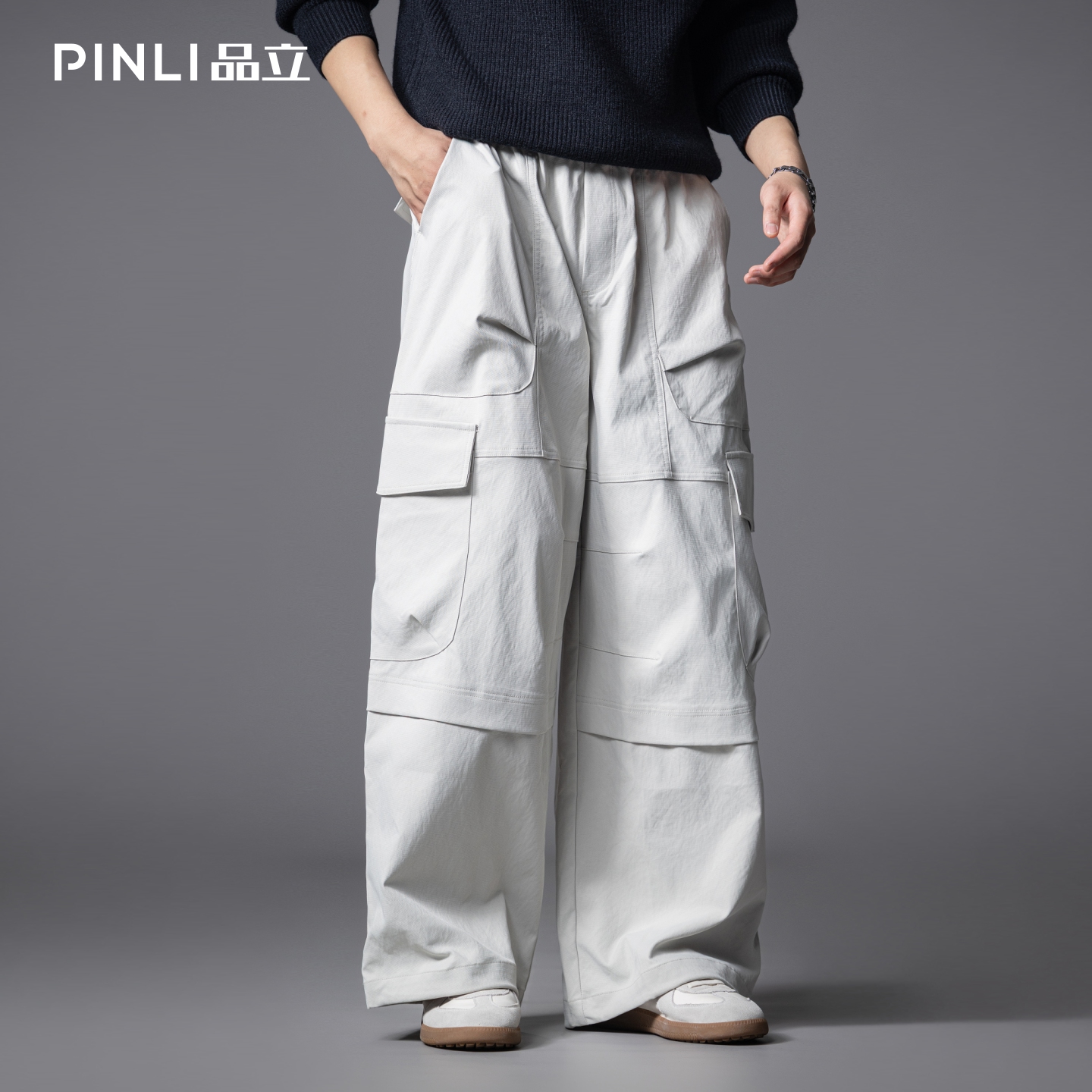 PINLI品立2025秋季新款男士宽松多口袋工装裤阔腿直筒休闲长裤潮