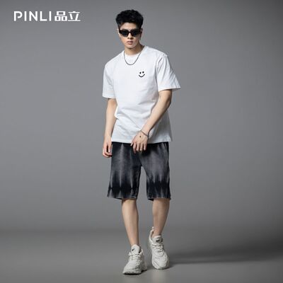 PINLI品立夏季新款男士笑脸烫钻圆领短袖T恤上衣BG252111057