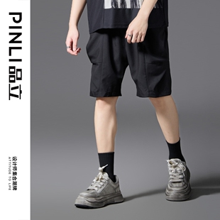 PINLI品立春夏新款男士简约休闲宽松短裤潮牌百搭黑色五分裤