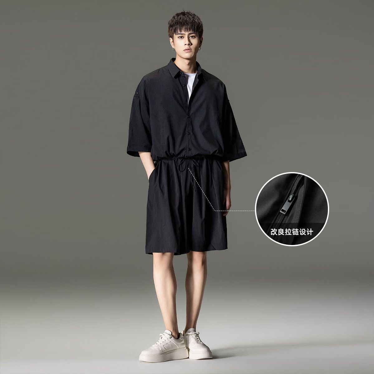 品立连体短裤男夏季薄款裤子原创潮流宽松大码直筒男士休闲五分裤