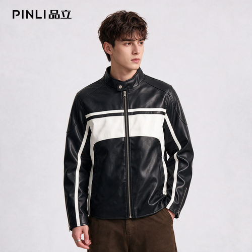 PINLI品立新品PU皮机车夹克男秋季撞色立领休闲复古帅气皮衣外套