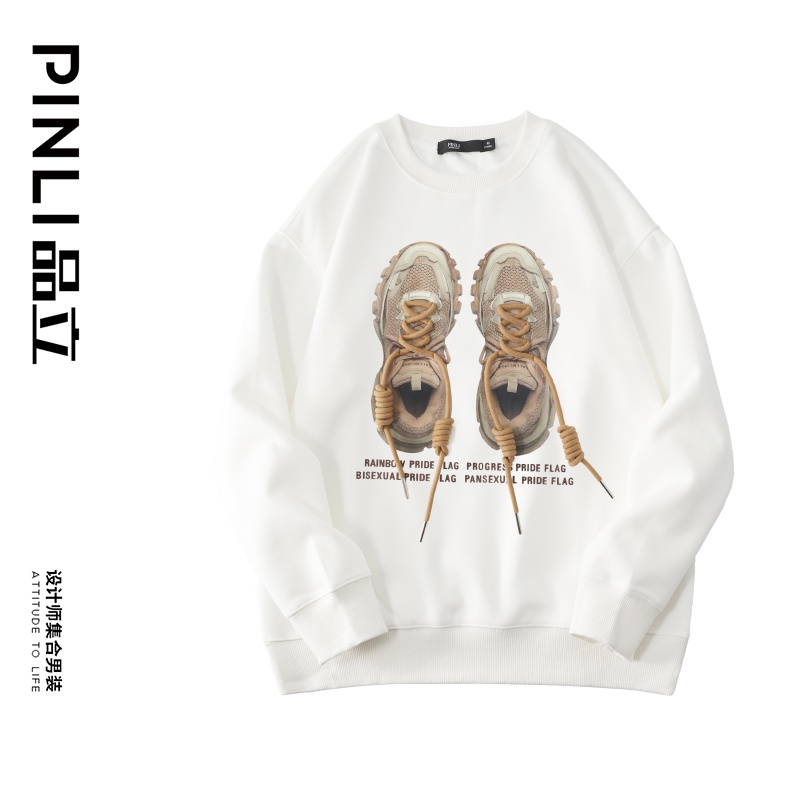 PINLI品立秋季新款男士圆领拼接鞋带压胶印花卫衣BG223209004